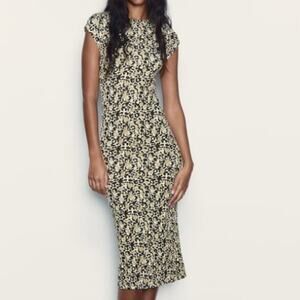 Zara Leopard Print Midi Dress Cap Sleeves Round Neck Size Small